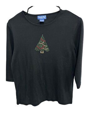Paradise Bay Medium Black 3/4 Sleeve Top Rhinestone Christmas Tree Design Sz M